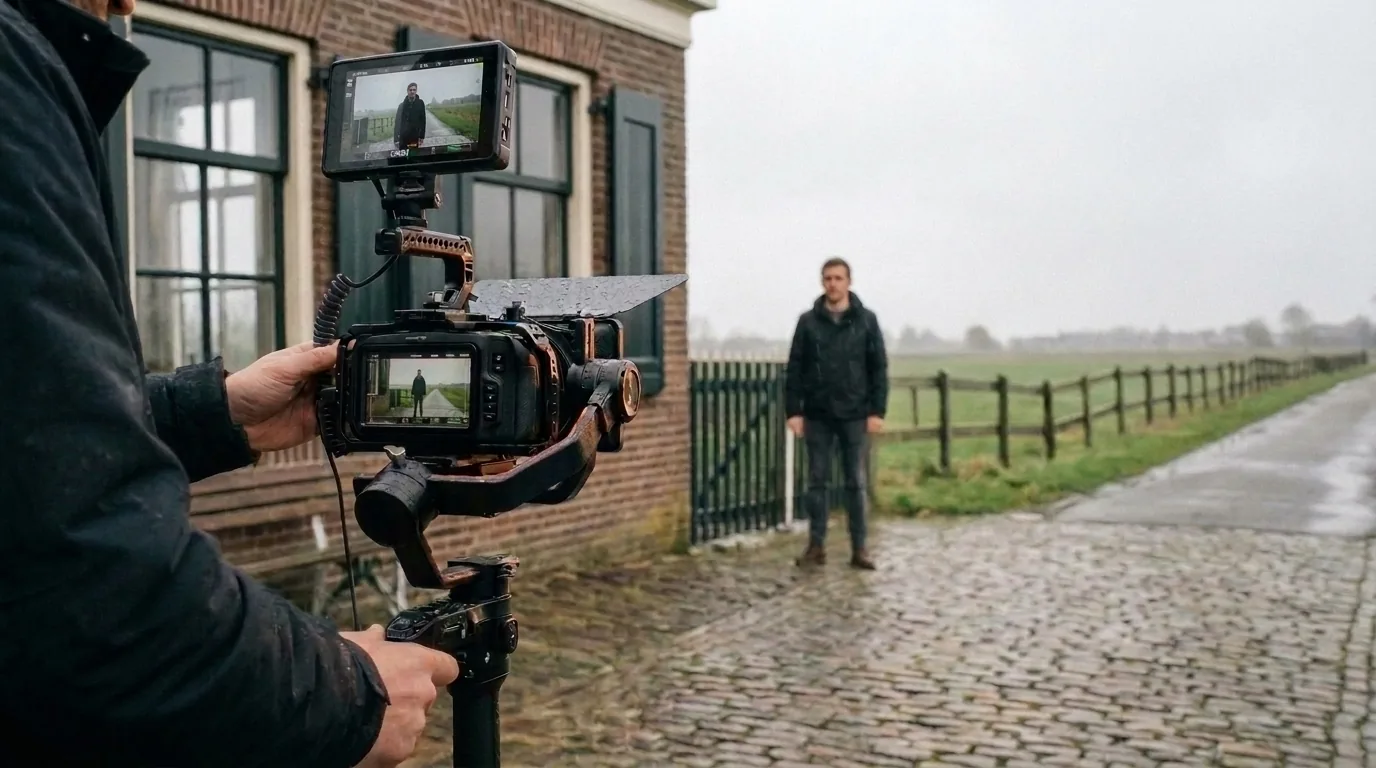 Videoproductie op locatie met camera en belichting tijdens een draaidag