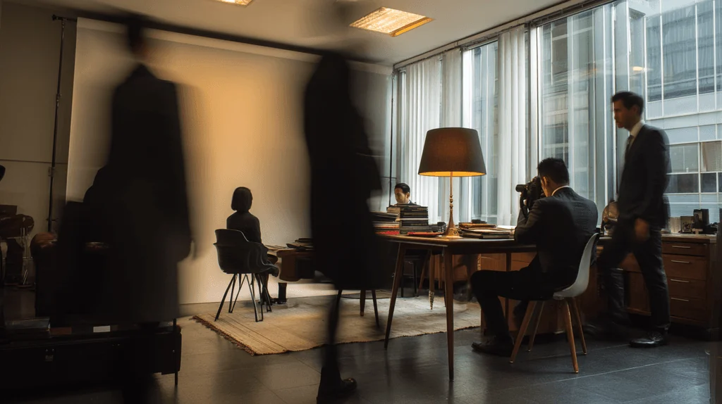 Advocaten in gesprek aan bureau in kantoor met wazige figuren op voorgrond, sfeer van Zeno advocatuur